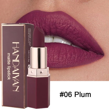 HANDAIYAN matte nourishing lipstick in six colours showing 3.5cm length and 1.2cm diameter bullet