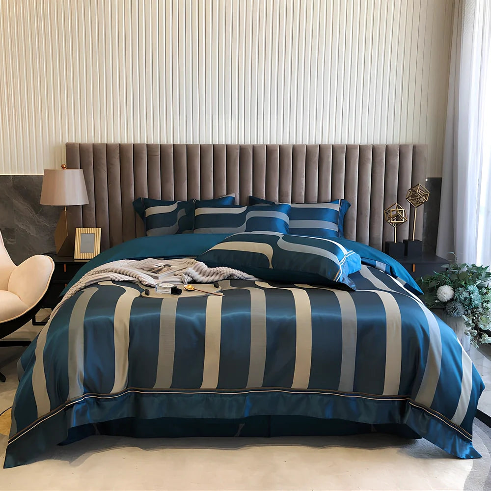 Pure cotton duvet cover with geometric jacquard pattern in Nordic style, showing embroidery texture detail