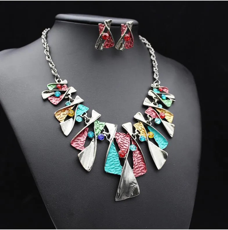 Alloy diamond necklace and earrings set with water wave chain, mixed stone pendant, blue or multicolour.