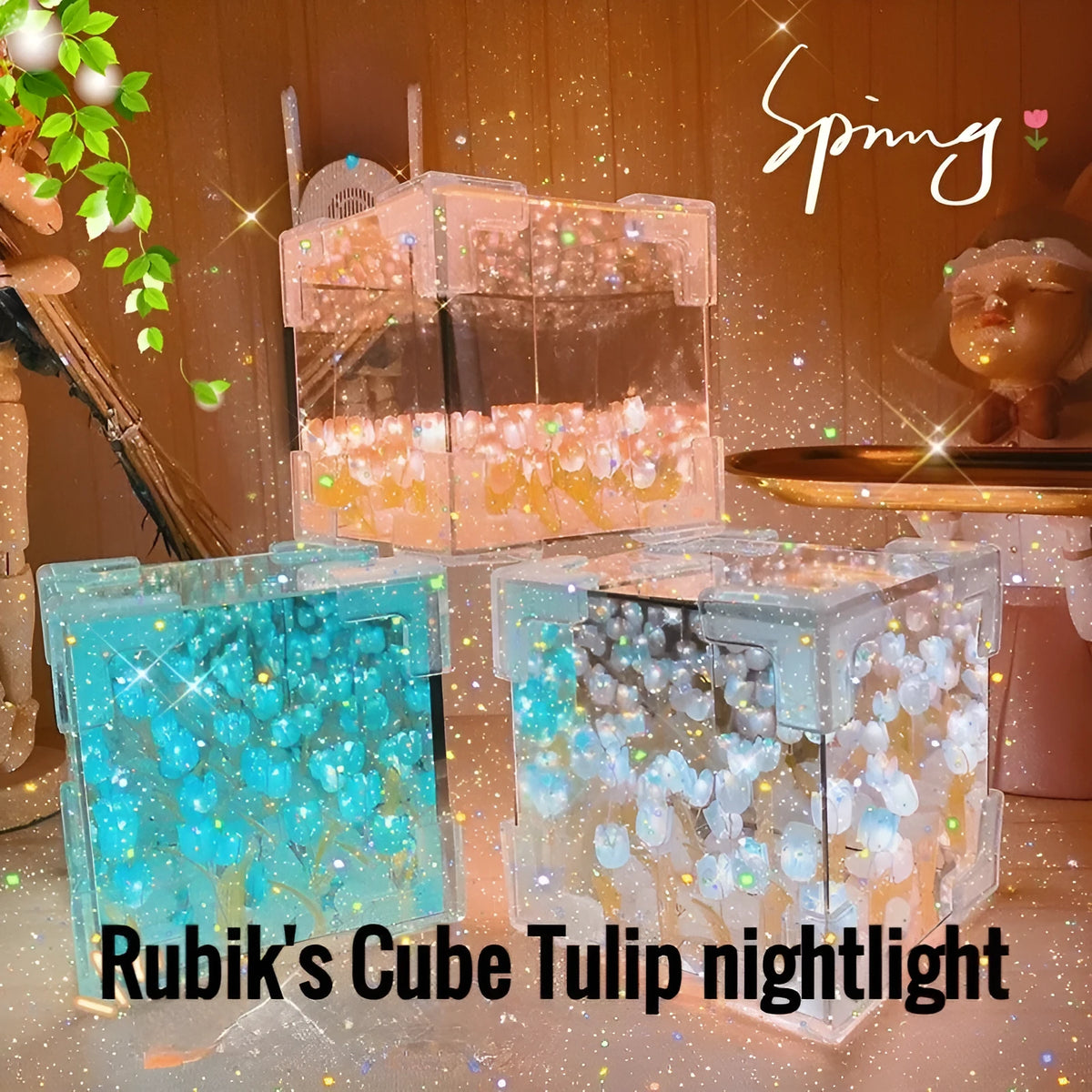 DIY tulip flower night light material pack showing mirror finish components in multiple colours