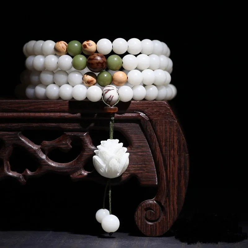White jade Bodhi beads bracelet with 6x8mm beads in multiple decorative styles for men and women