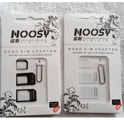 Three-piece SIM card adapter kit with storage case showing standard, micro and nano adapters