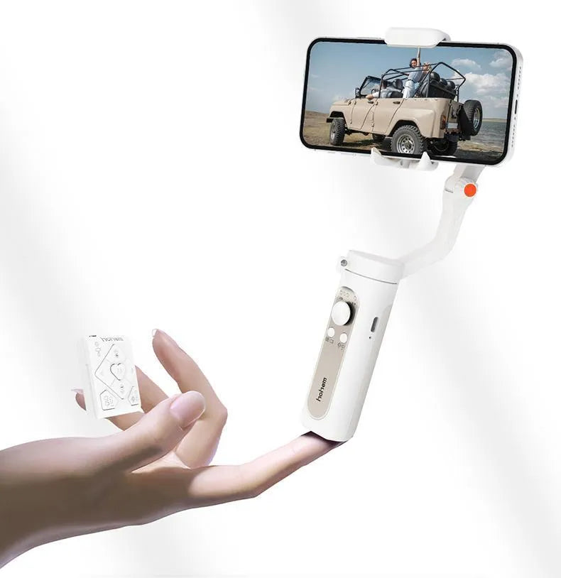 Three-axis mobile phone stabiliser with compact folded design showing black and white colour options