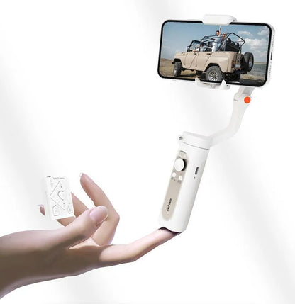 Three-axis mobile phone stabiliser with compact folded design showing black and white colour options