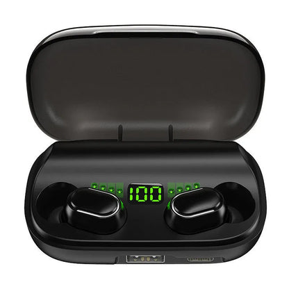 Black XT01 TWS earphone with digital display charging bay, Bluetooth V5.0, and white and blue button light