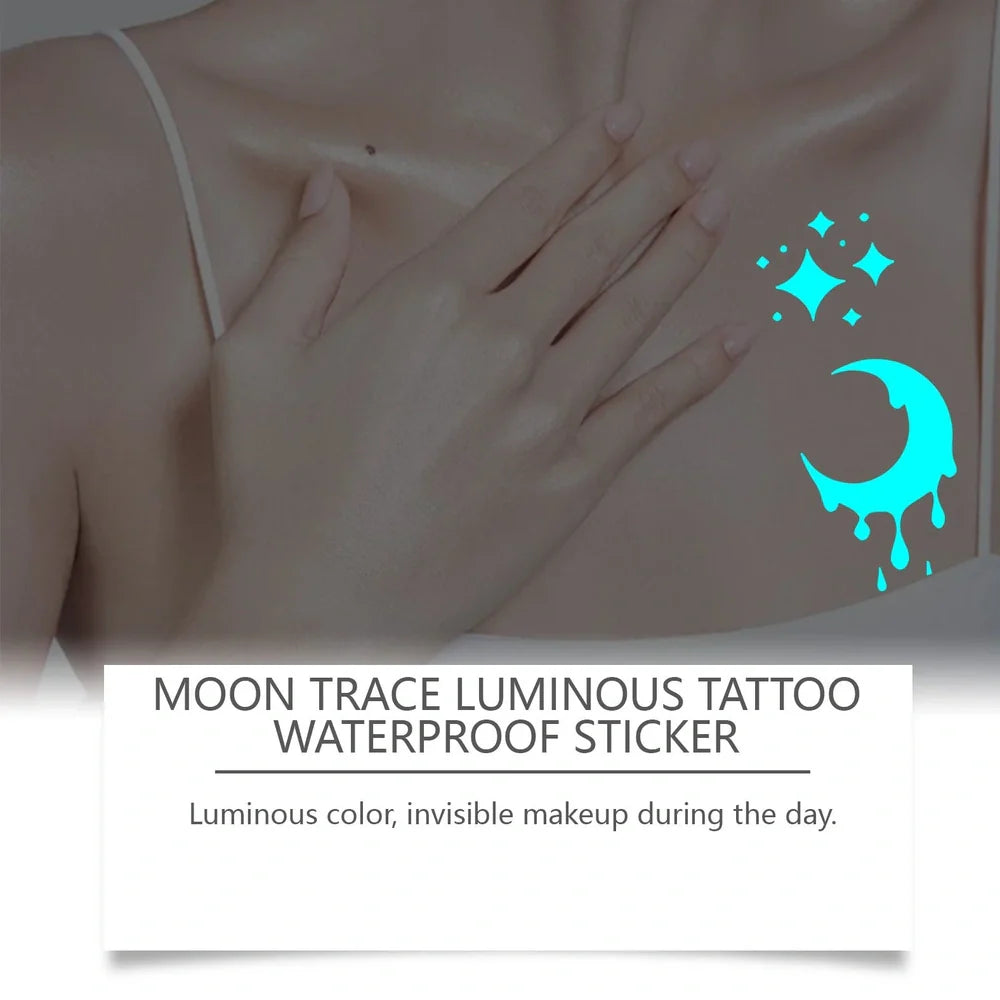 Luminous temporary tattoo stickers glowing on skin with water-based paste containing aloe extract