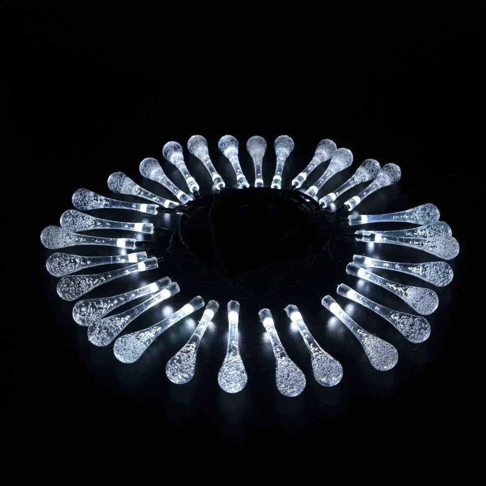 30 LED solar water drop string lights, 6.5m waterproof with 2x8cm ABS pendants and ground spike for gardens