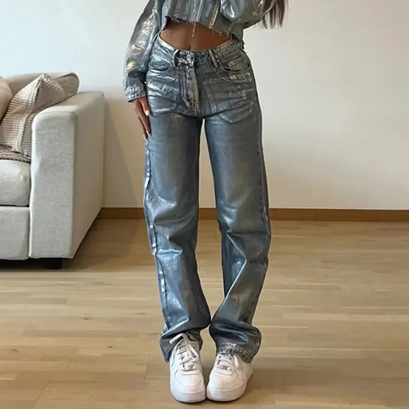 High waist straight leg jeans in washed blue denim with hot silver contrast colour detailing