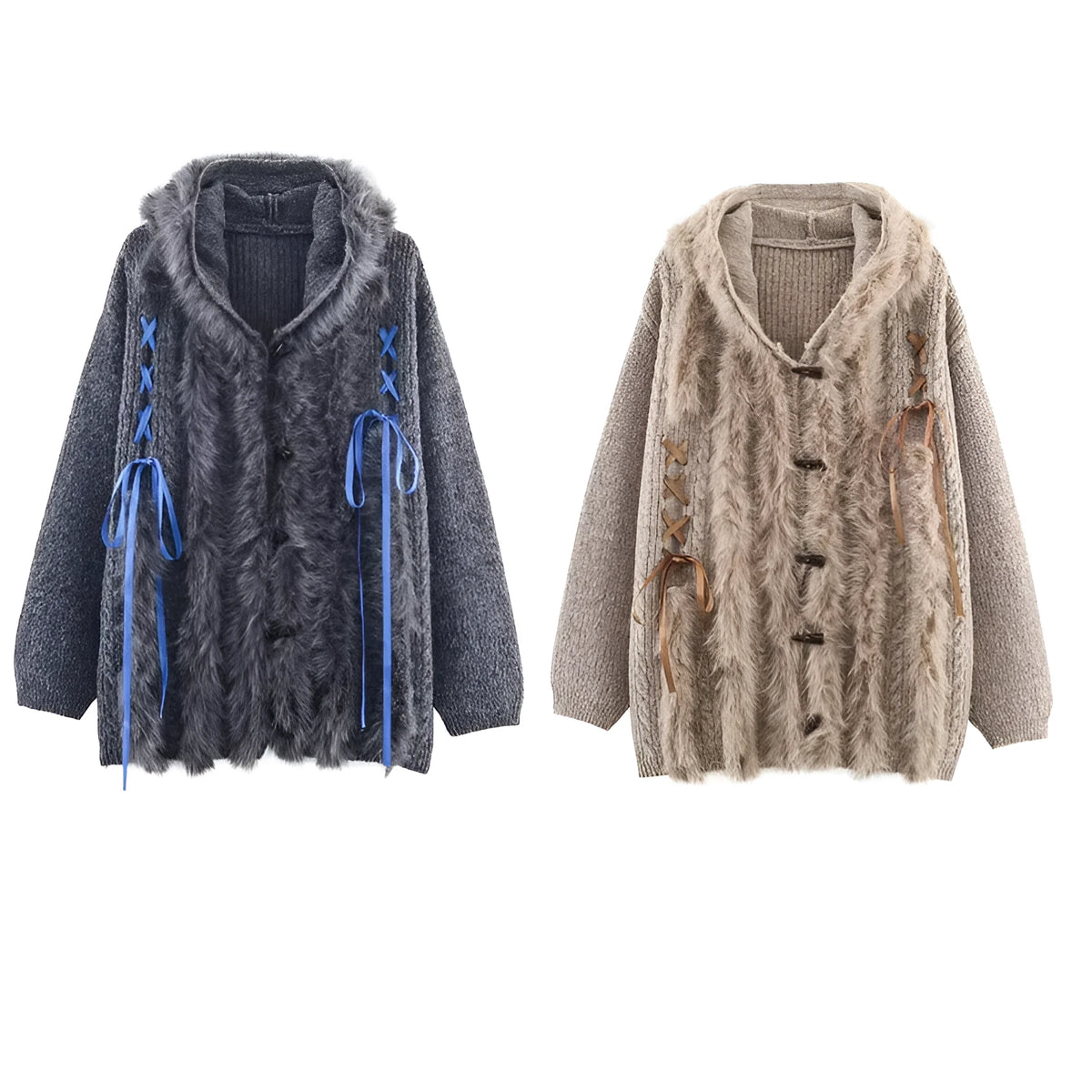 Women's striped hoodie knitted coat with horn button and contrast colour detail in gray or khaki