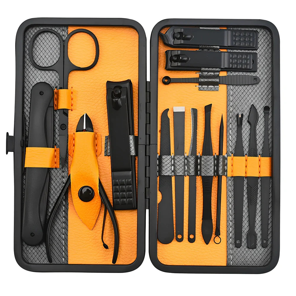 Beauty and manicure nail care kit with stainless steel tools in PU leather case showing multiple grooming implements
