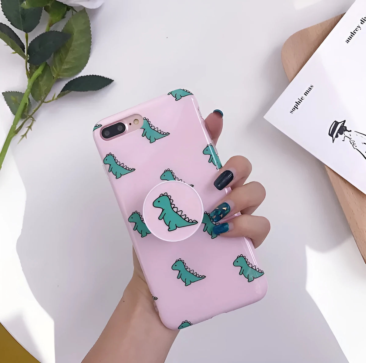 Pink dinosaur phone case with bracket and glossy IMD finish for iPhone models