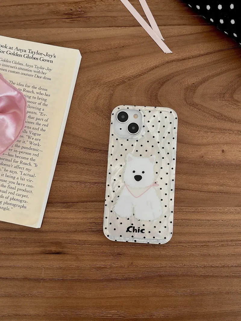 Polka dot West Highland dog TPU phone case in white feather yarn finish for Apple iPhone