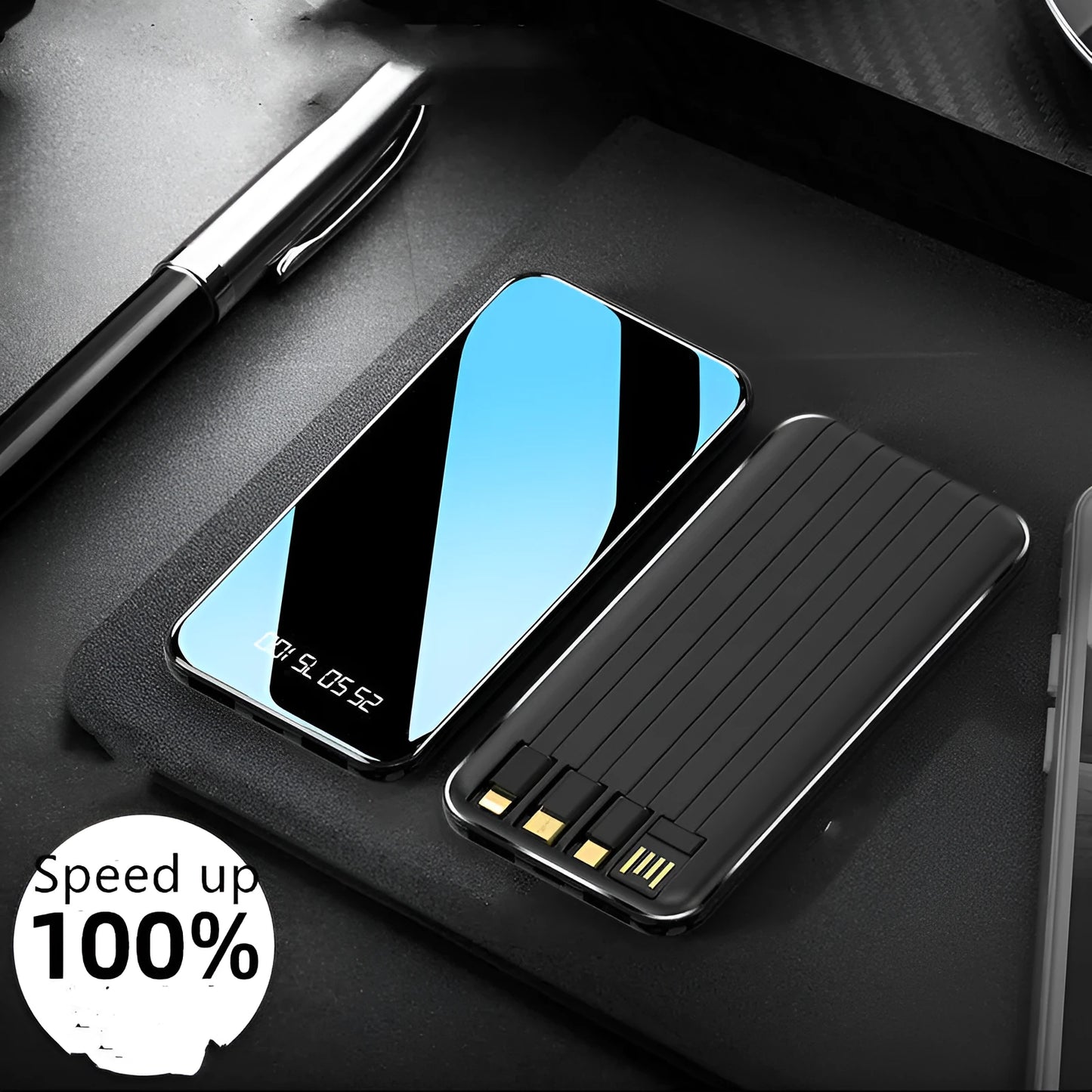Portable power bank with digital display showing battery percentage and multiple charging ports