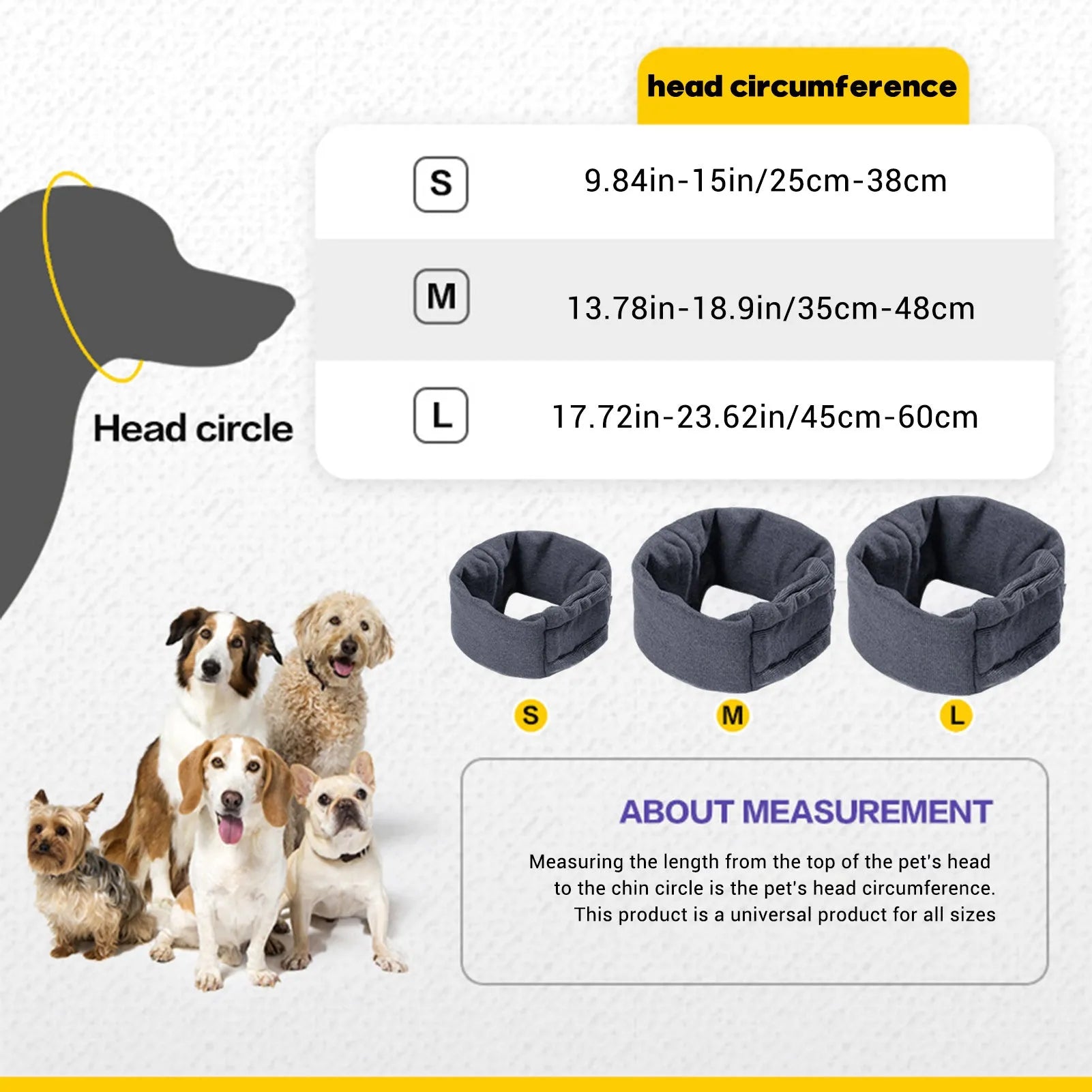 Soft polyester dog head cover for noise reduction and mealtime use in black or purple.