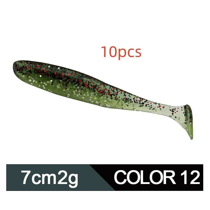 Soft plastic worm lure with a two-tone T tail, shown in one of its 14 colour options.
