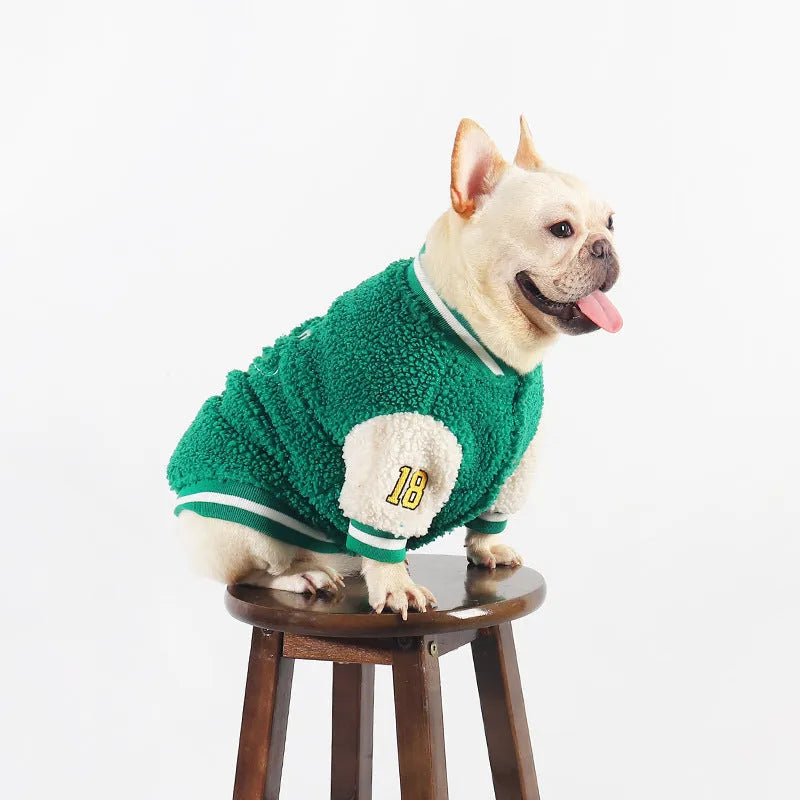 Green fleece-lined winter dog coat for medium to extra large breeds on mannequin