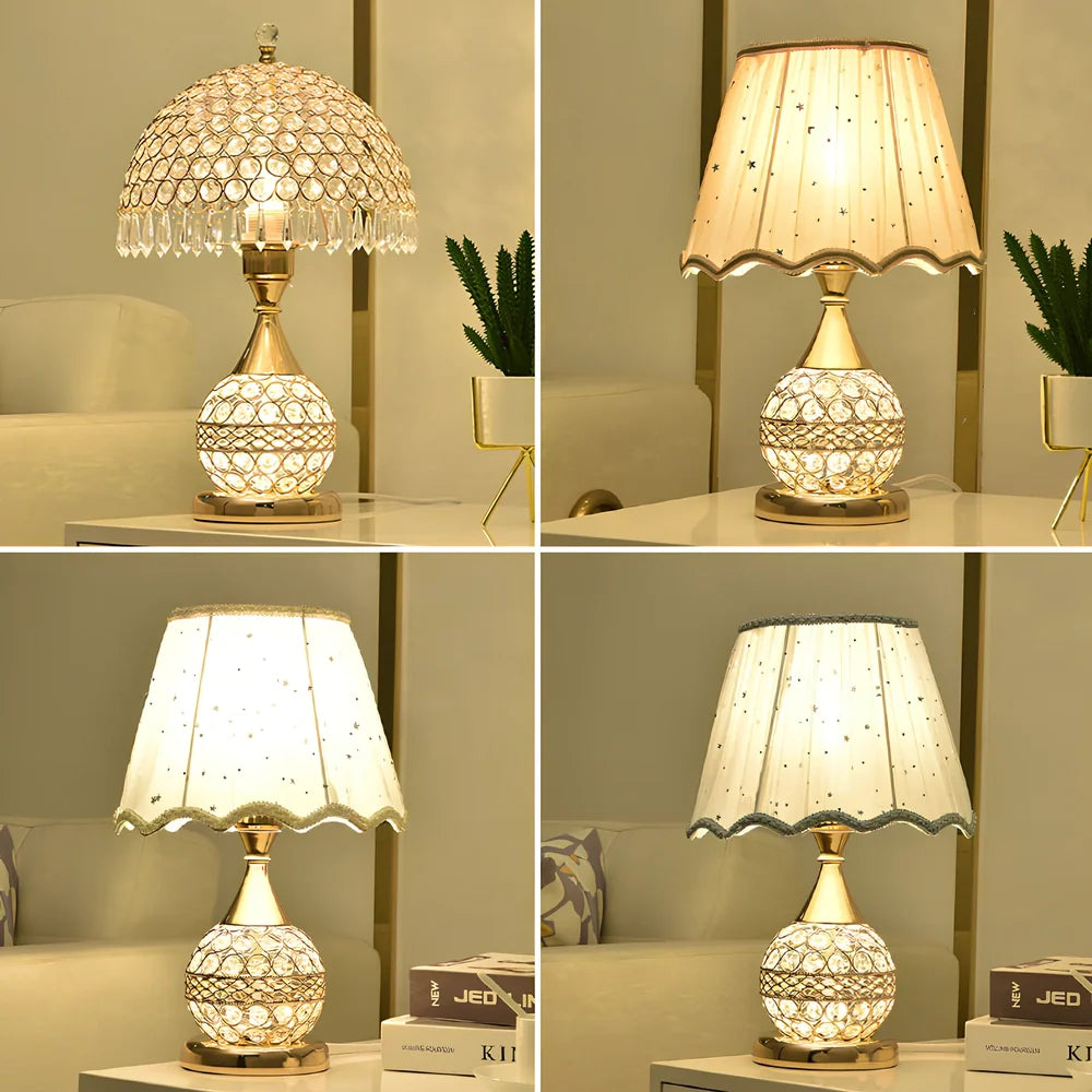 Gold crystal desk lamp with hand-cut facets and remote control on wooden surface