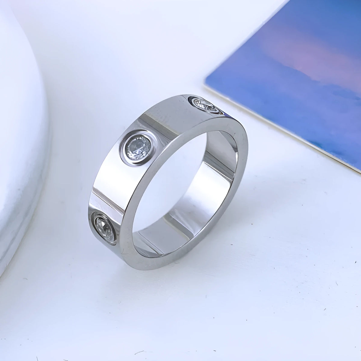 Titanium steel couple ring with six rhinestones, electroplated silver gold or rose gold, 4mm 5mm 6mm width