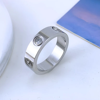 Titanium steel couple ring with six rhinestones, electroplated silver gold or rose gold, 4mm 5mm 6mm width
