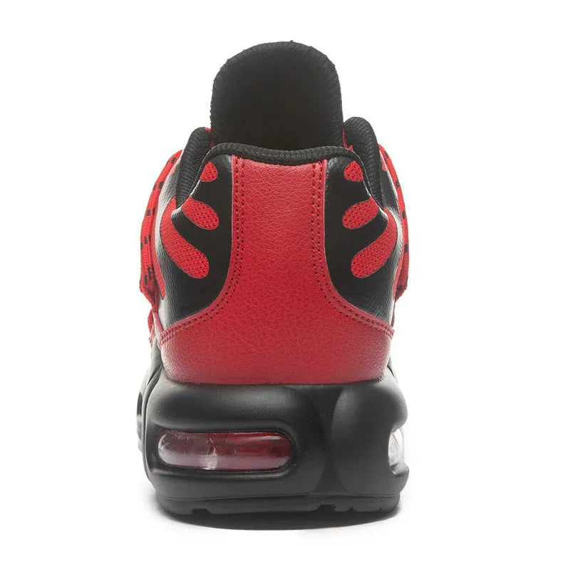 Men's breathable mesh sports shoes with rubber sole, air cushion, front lace-up, available in black, blue, red, and white