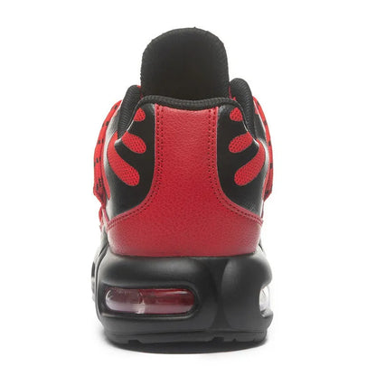 Men's breathable mesh sports shoes with rubber sole, air cushion, front lace-up, available in black, blue, red, and white