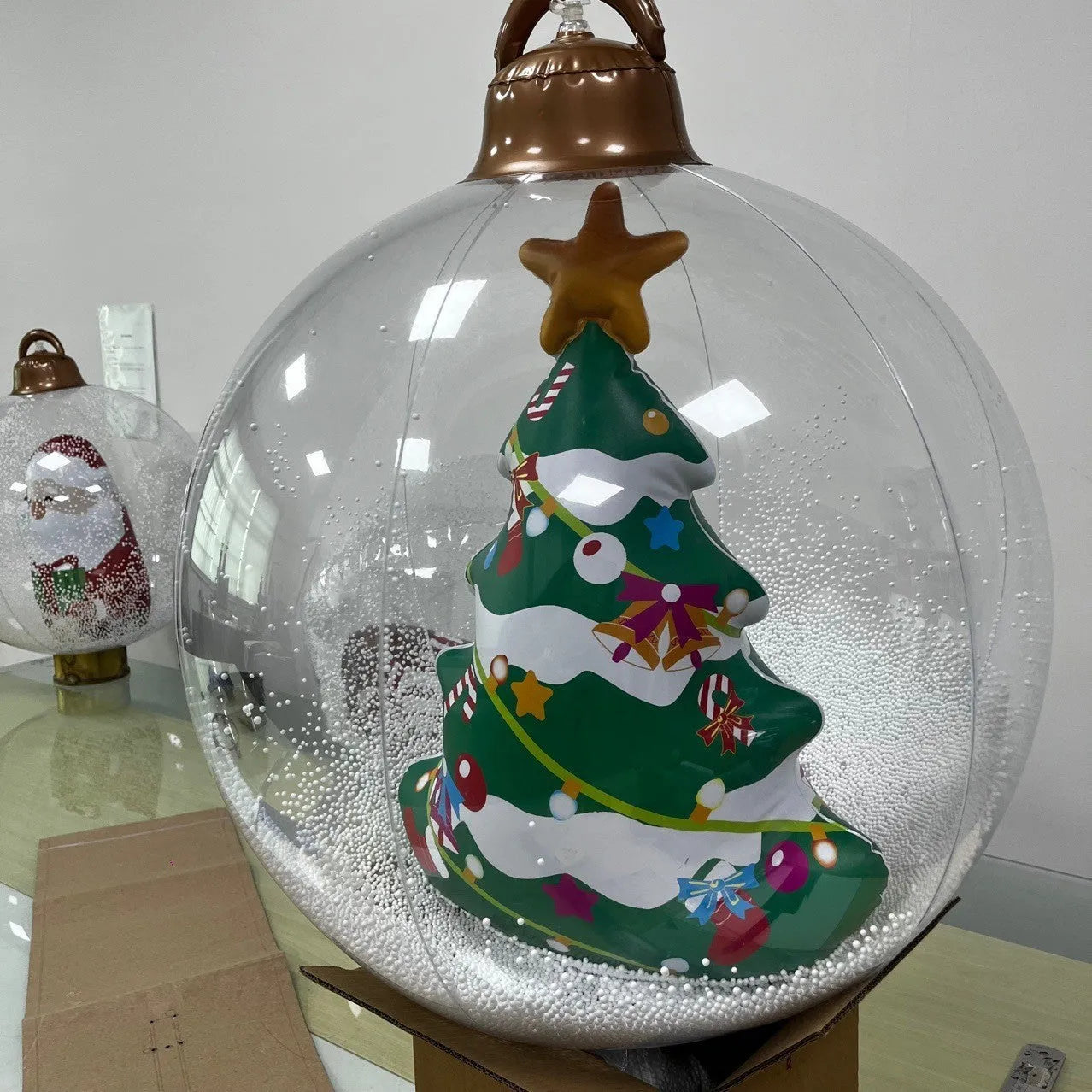 Red and white Santa Claus inflatable Christmas ball decoration hanging, approx 60cm in size.