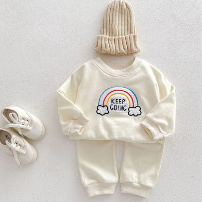 Children's cotton two-piece sweater set with pullover top and trousers in beige, emerald, or pink, sizes 66cm to 100cm.