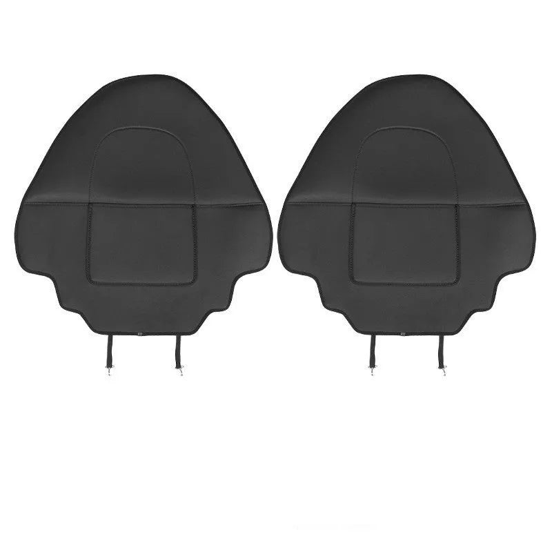 A pair of black leather rear anti kick pads for car seats, shown with dimensions.