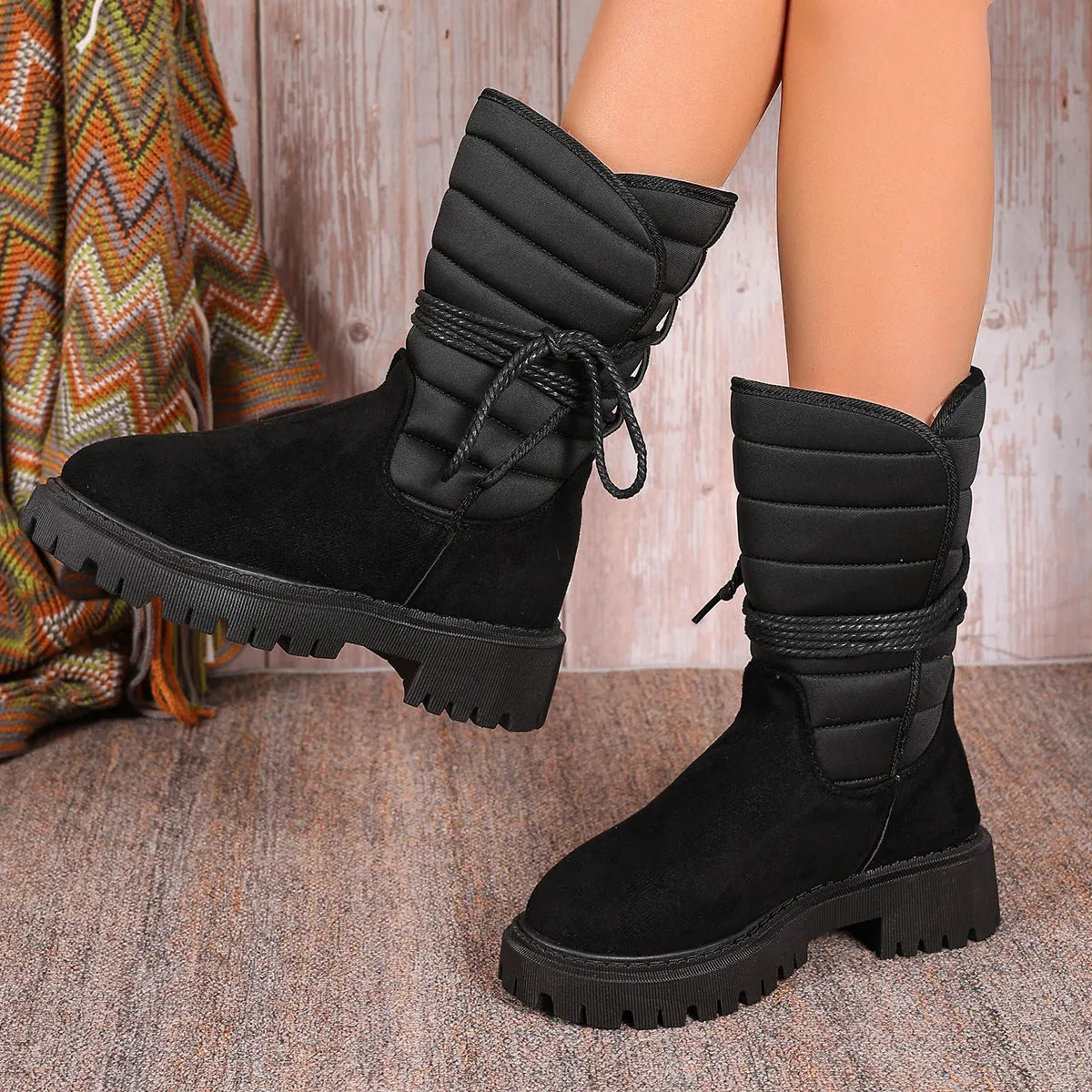 Women's black suede snow boots with chunky heel, fleece lining, and lace-up design for winter wear