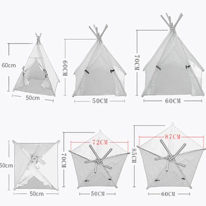 White and yellow striped flax linen pet teepee tent with cushion for small dogs or cats.
