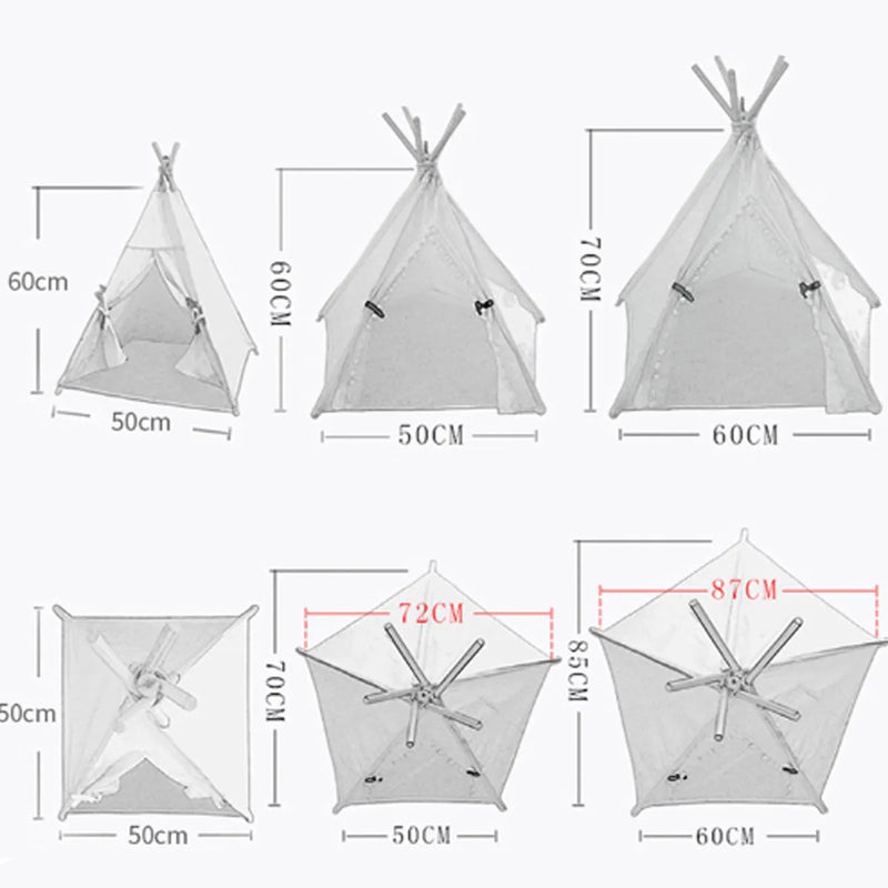 Pet teepee tent with cushion, a portable and washable indoor dog bed or cat bed made from flax and linen fabric, available in small, medium, and large sizes in white or yellow striped designs for small dogs, cats, or rabbits.