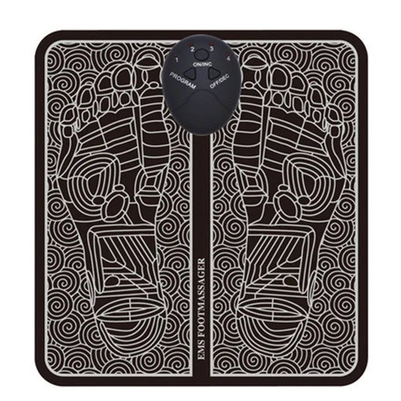 Portable EMS foot massager pad showing remote control and foldable 32.5x29.5cm design