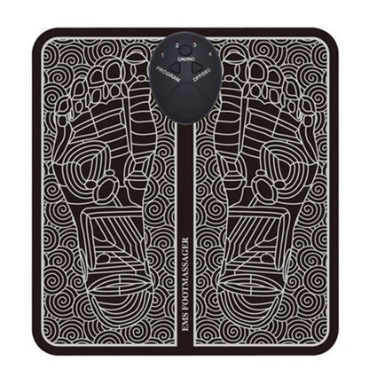 Portable EMS foot massager pad showing remote control and foldable 32.5x29.5cm design