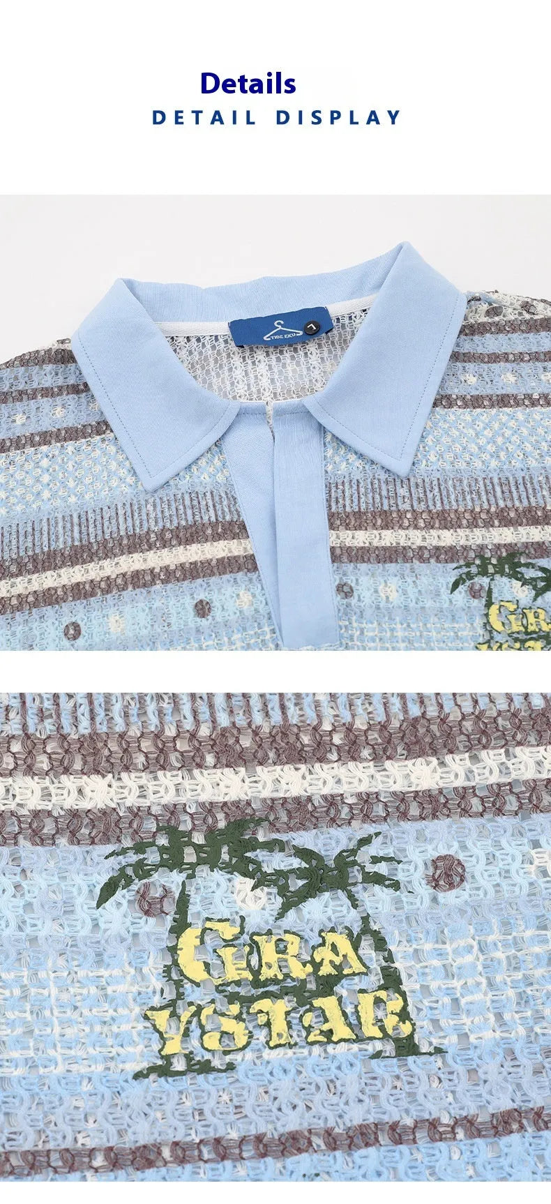 Men's blue and yellow printed short sleeve shirt with loose leisure fit on hanger
