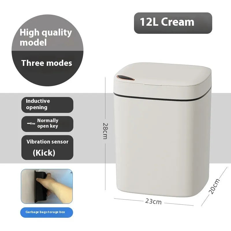 Square automatic induction garbage bin with sensor opening lid in milky white colour variant