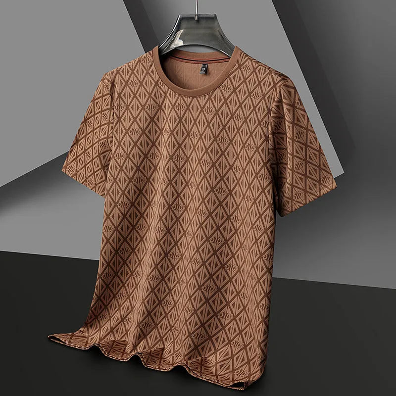 Men's loose fit round neck short sleeve t-shirt in ice silk fabric, shown in a solid colour.