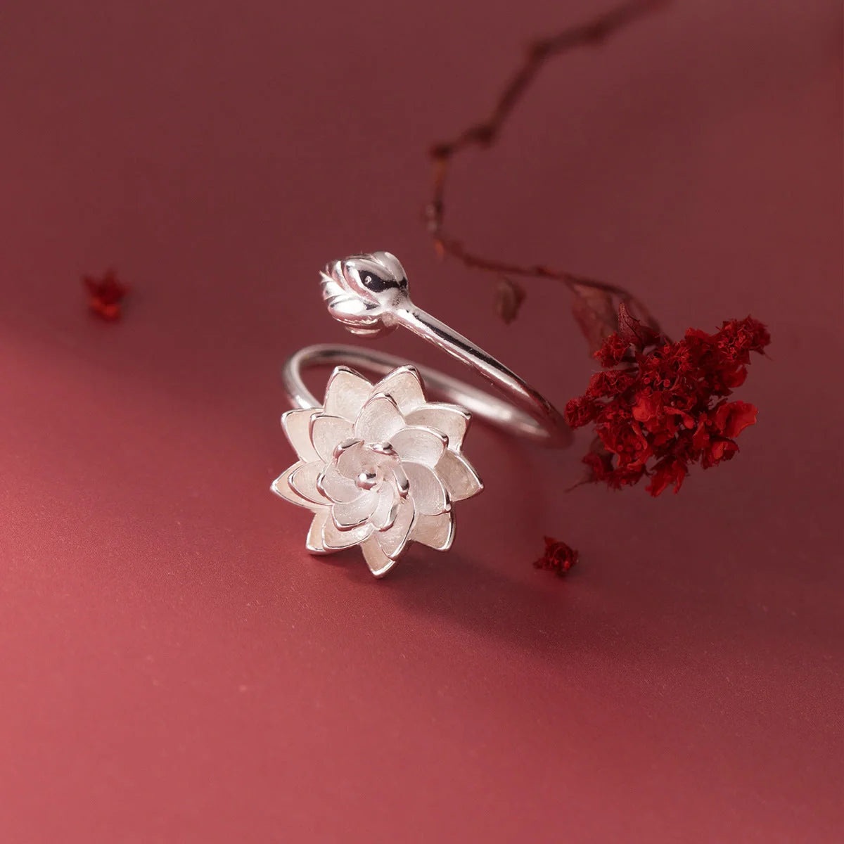 Adjustable silver lotus ring with Chinese elegance and electroplated finish