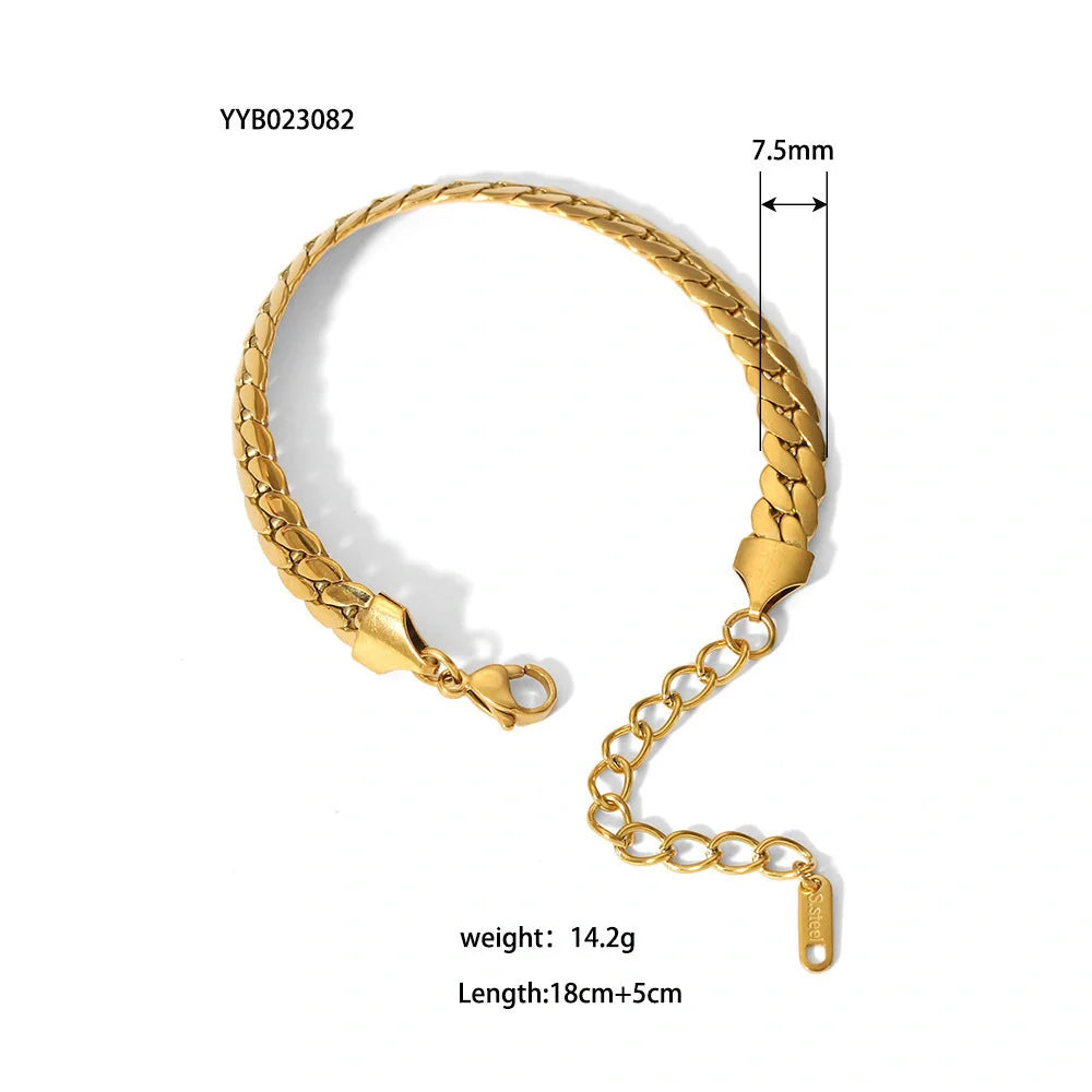 Elegant stainless steel bracelet with a sleek geometric design, gold-plated finish, and unisex style suitable for any occasion.