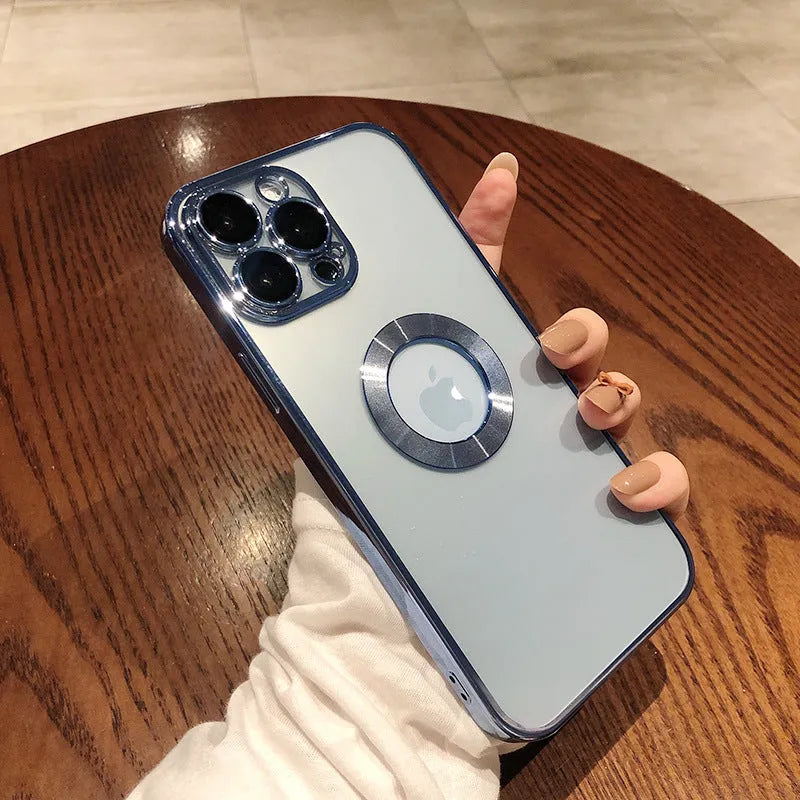 Electroplated silicone iPhone case with built-in camera lens protector shown in Far Peak Blue colour.