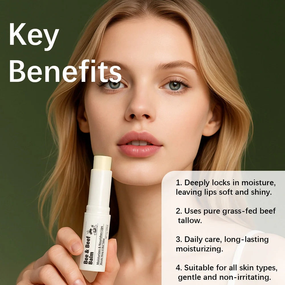 Beef fat lip balm tube showing 83mm length and 19mm diameter with organic grass-fed butter formula