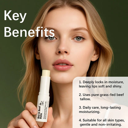 Beef fat lip balm tube showing 83mm length and 19mm diameter with organic grass-fed butter formula