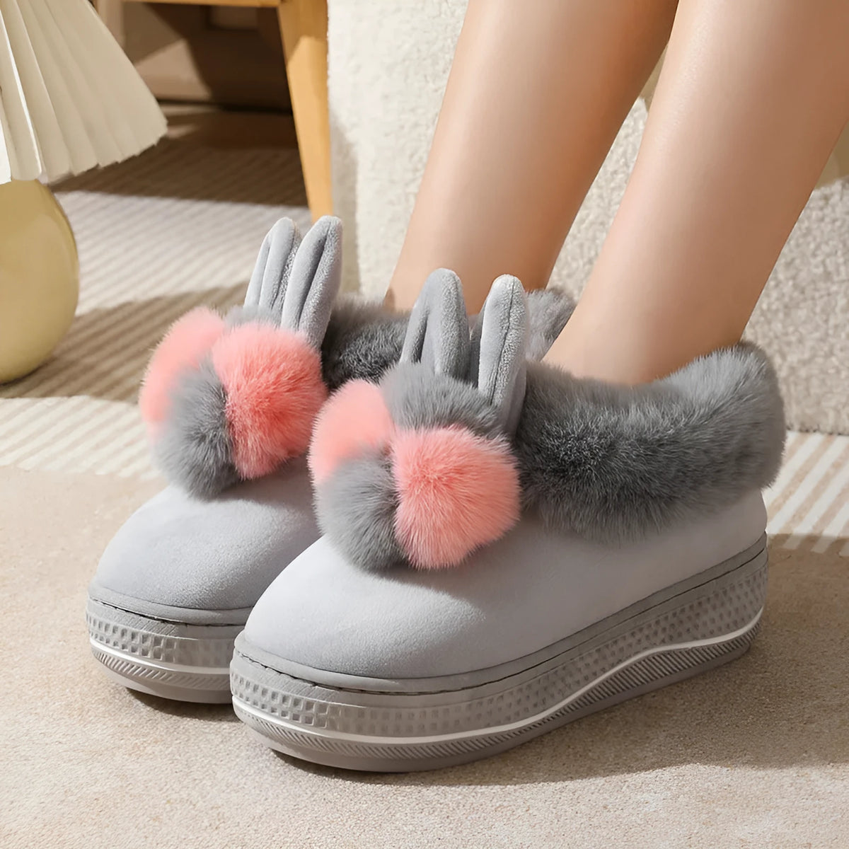 Black, purple and grey high heel thick-soled plush cotton slippers with TPR soles