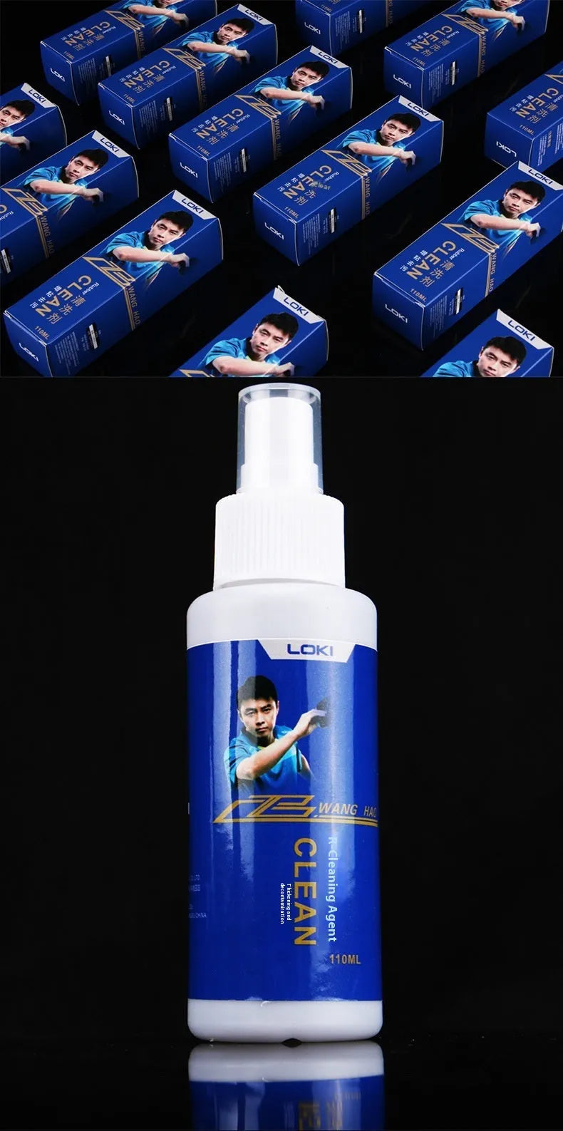 110ml bottle of table tennis rubber cleaning liquid with a white sponge applicator.