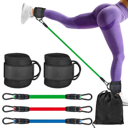 Set of three coloured TPE resistance bands with foot loops and storage bag for yoga and fitness.
