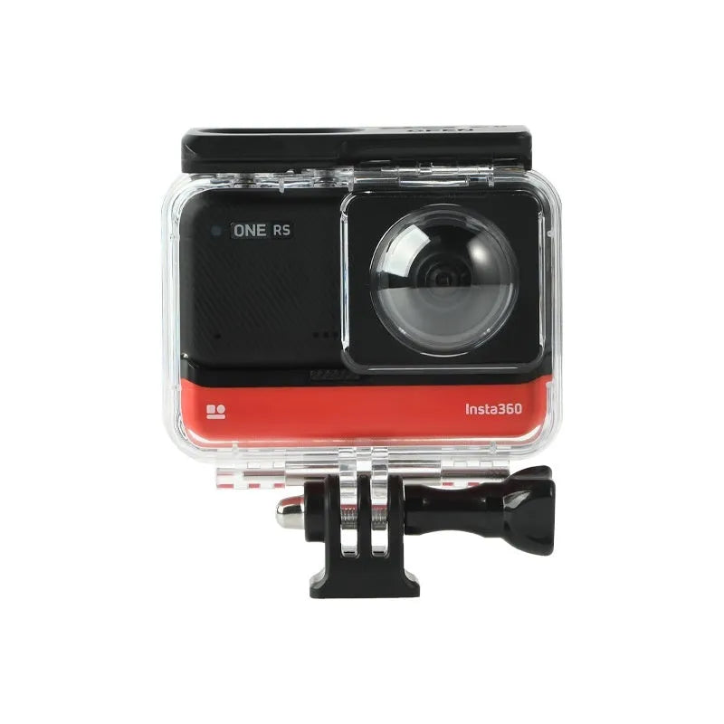 Transparent Insta360 One RS waterproof case showing camera inside with dimensions 9x8x4.5cm