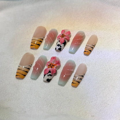 Zebra pattern lily hand carving artificial nails with embossed leopard print design