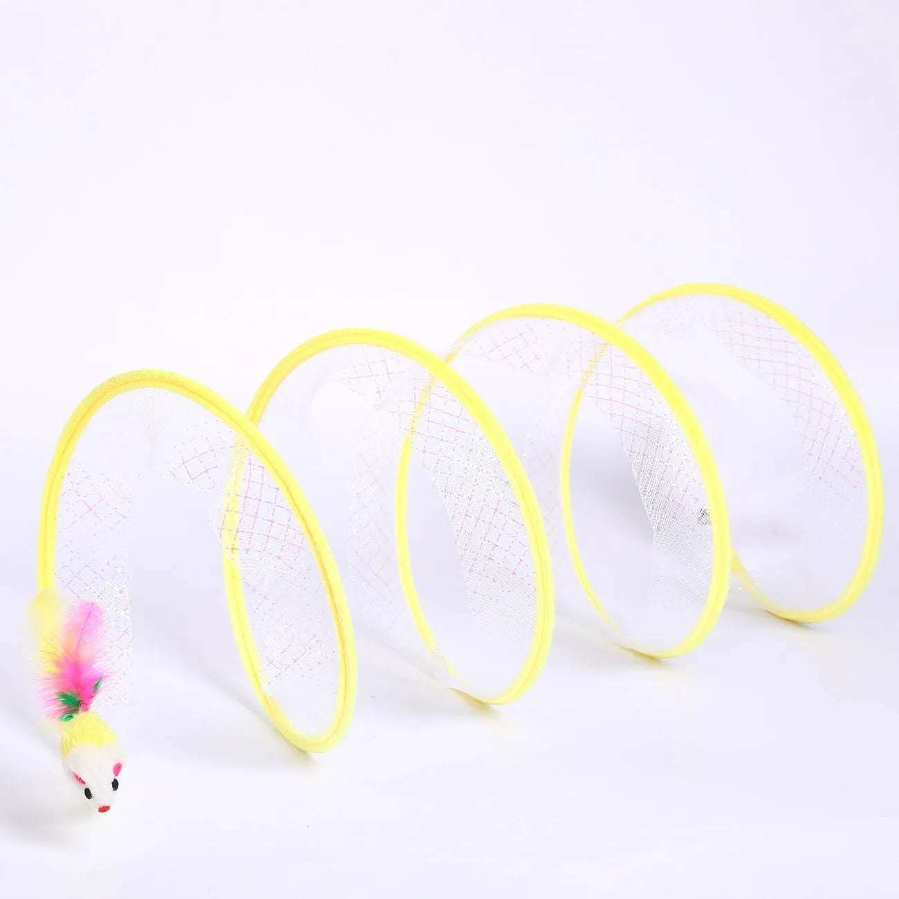S-type cat tunnel toy with steel frame and elastic net construction, feather teaser attachment included