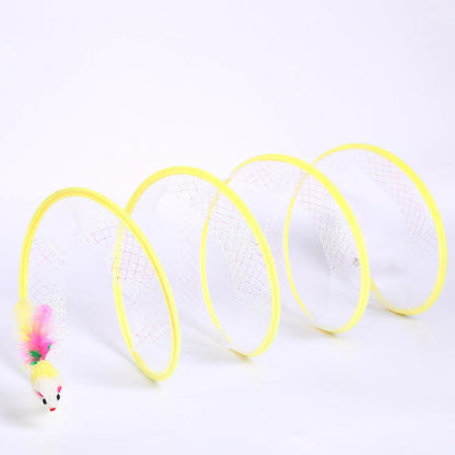 S-type cat tunnel toy with steel frame and elastic net construction, feather teaser attachment included