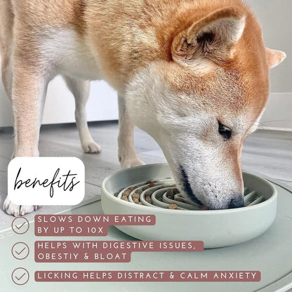 Silicone slow feeder bowl for dogs with lick mat design in beige, charcoal ash, grey blue, mango yellow, mustard green, or red