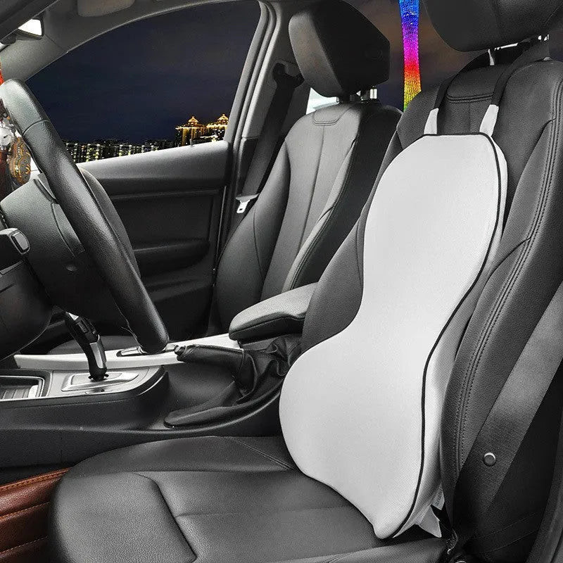 Universal fit memory cotton car lumbar support cushion in solid colour, shown on a car seat.